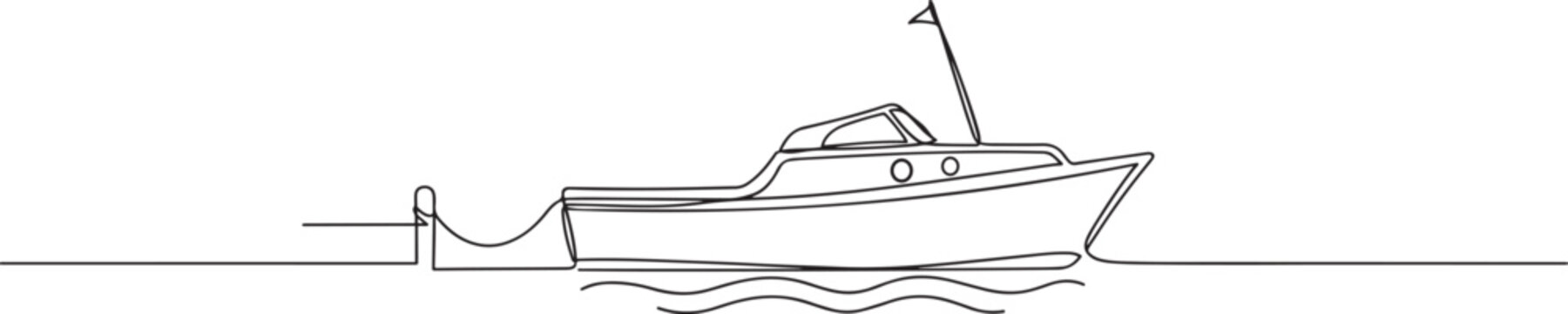 Continuous One Line Drawing of Moored Wooden Motorboat for River Travel and Marine Transportation. One Line Art Icon Drawing Vector