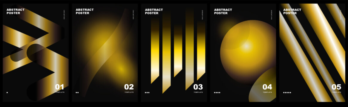 Set of abstract posters with golden metallic gradient shapes on, modern geometric design templates