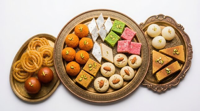 Assorted Indian Sweets Mithai Platter Display Featuring Motichoor Ladoo Kaju Katli Jalebi Gulab Jamun Rasgulla Peda and Dry Fruits Served on Brass Trays Isolated on Plain White Studio Background