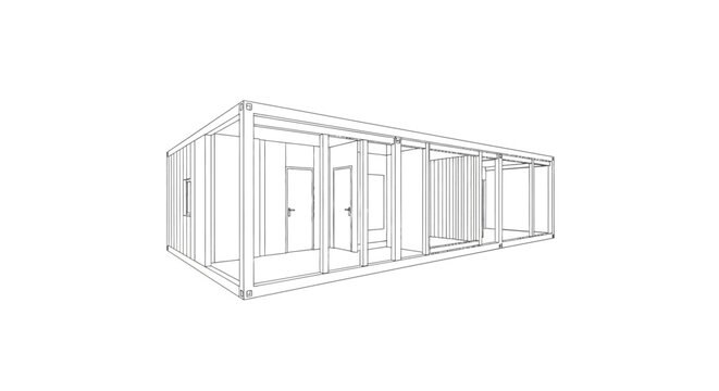Container office unit displays a modular design sketch with glass walls and a professional industrial layout.