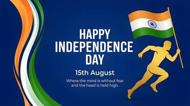 India Independence Day celebration. Running man silhouette with Indian national flag.