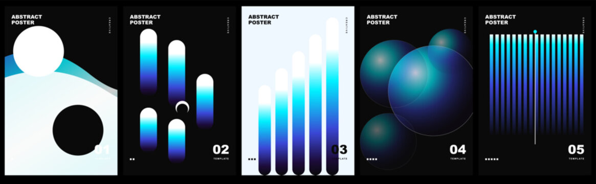 Set of abstract posters with geometric shapes, gradient blue and cyan colors, modern minimalist design templates