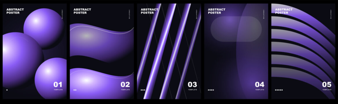 Set of abstract posters with blue gradient shapes, spheres, lines and geometric elements on a dark background