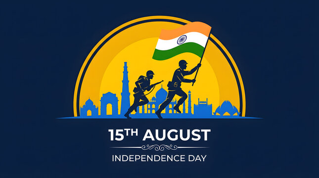 Indian Independence Day illustration. Soldiers with national flag celebrating 15th August.