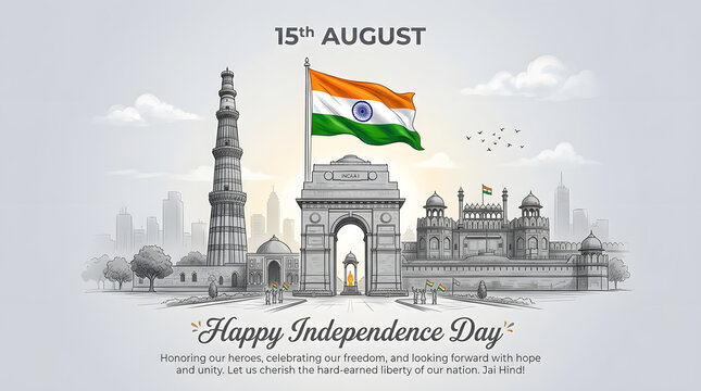 India Independence Day celebration. Indian flag with historic Delhi monuments illustration.