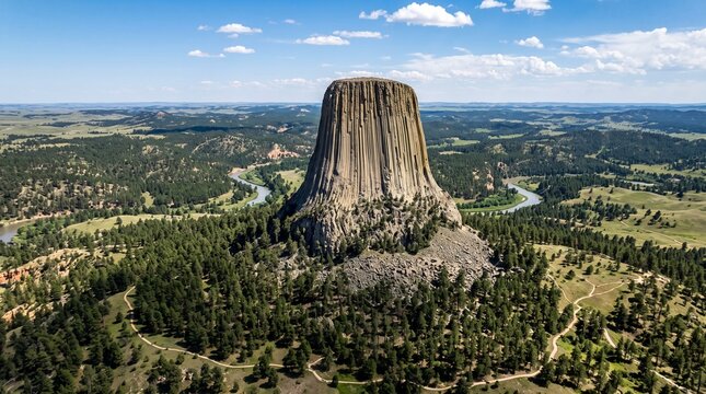Devils Tower National Monument Oblique Aerial Drone View over Wyoming Landscape