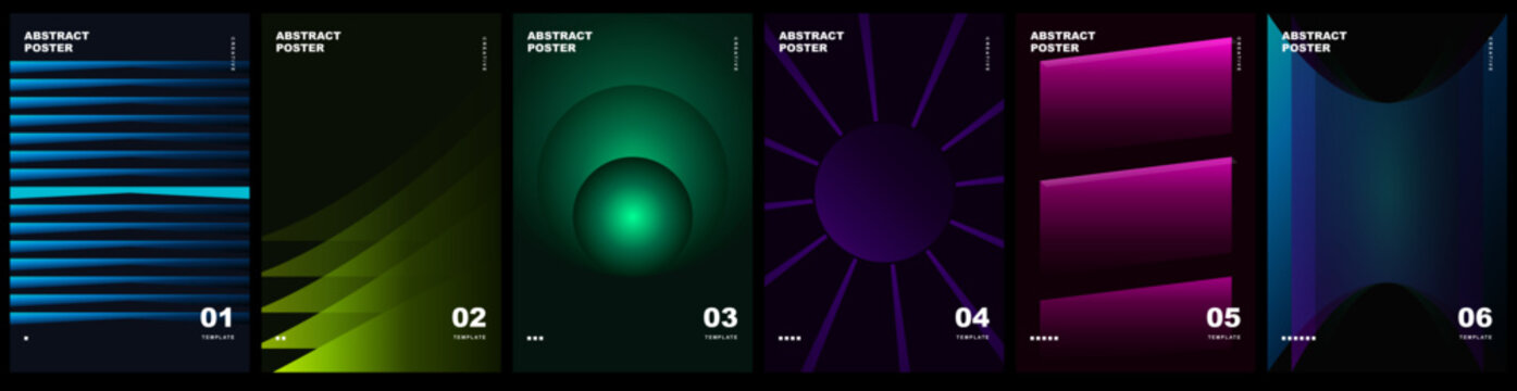 Collection of abstract poster templates with futuristic neon gradients and dark background