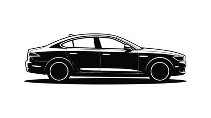 Fototapeta premium A black and white silhouette illustration of a modern luxury sedan car side view graphic design element