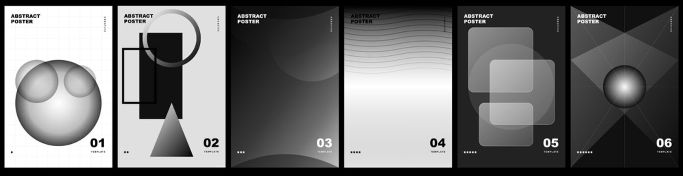 Set of abstract posters with geometric shapes and gradient elements in monochrome style for modern design