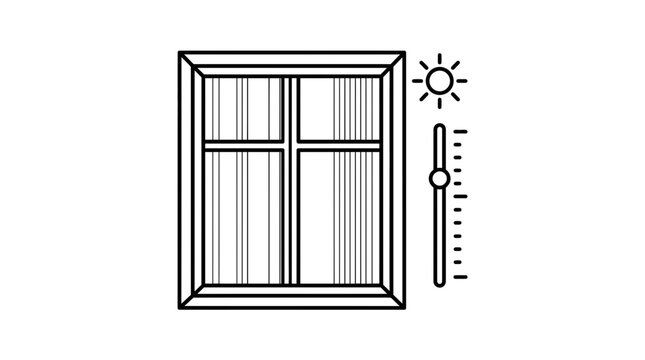 Minimalist vector line art illustration of a closed window with a brightness slider control icon for digital user interface design