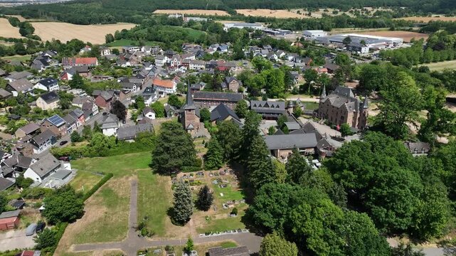Aerial view of Satzvey Castle. Medieval moated castle, Mechernich (Satzvey district) in the Euskirchen district, North Rhine-Westphalia.