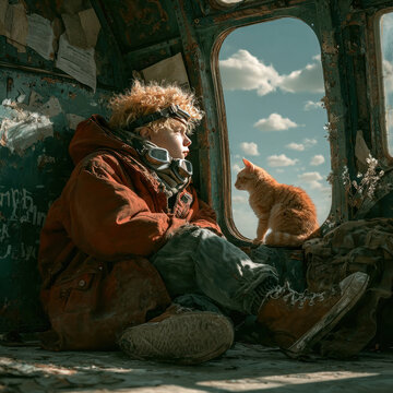 Boy and cat sheltering indoors