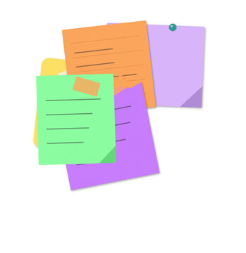 Colorful sticky notes with handwritten text stacked on a flat surface