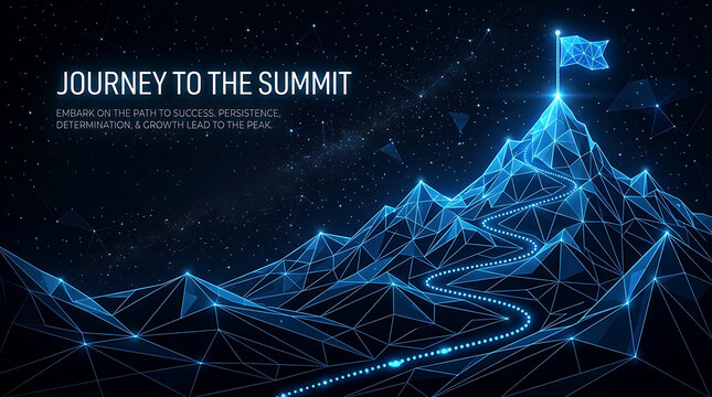 Journey to the summit, glowing digital wireframe mountain range, success and achievement concept