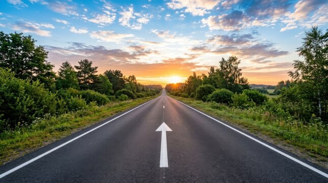 Asphalt road leading into sunset with white arrow painted on street pointing forward