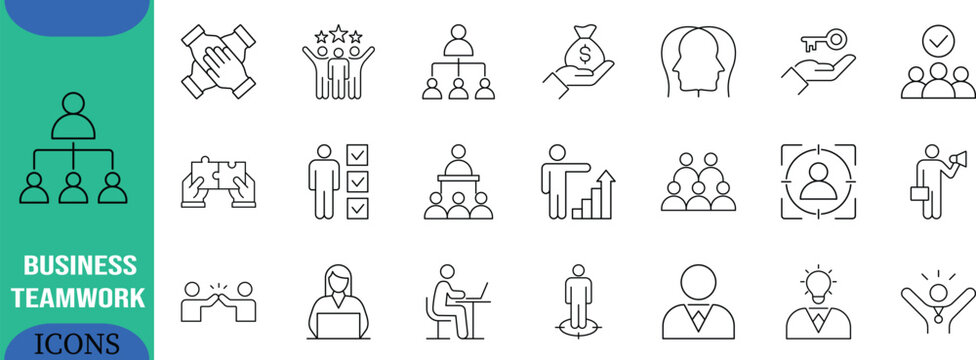 Business teamwork success line icons. team icon set, puzzle icon set, money icon set