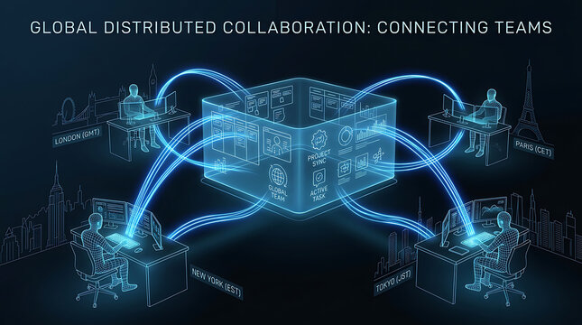 Distributed collaboration, glowing digital cube connected by data flow network lines