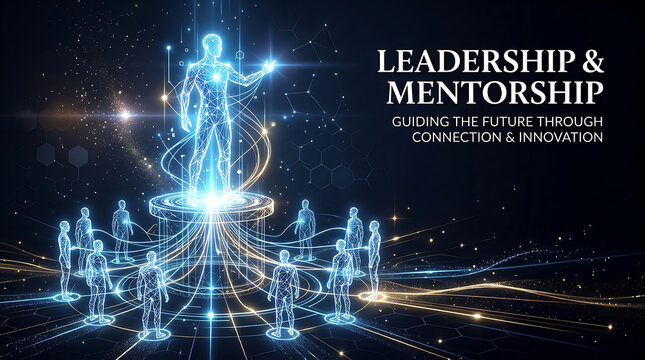 Leader and mentor glowing digital human figure guiding people, leadership and connection concept