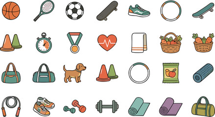 Fitness and sports icon set basketball soccer tennis skateboard yoga mat dumbbells vector illustration clip art collection. © ARNIKA ISLAM