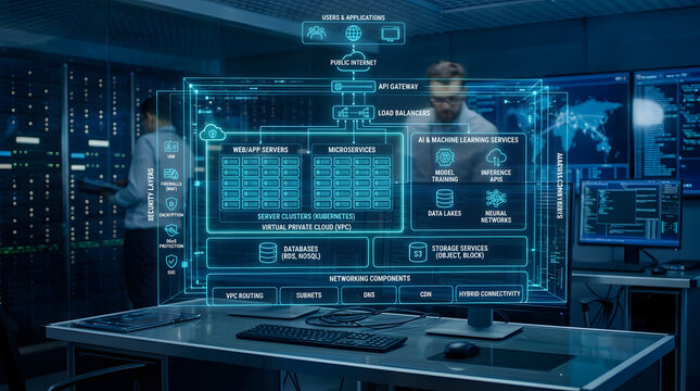 Cloud computing infrastructure architecture diagram overlay