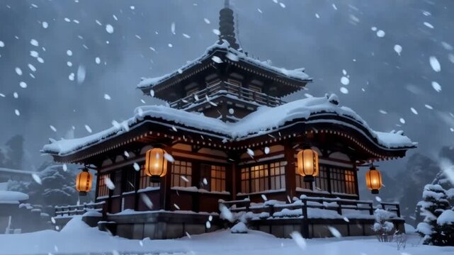 Traditional Japanese Pagoda Temple Covered in Snow During a Blizzard.