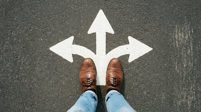 Feet standing on asphalt road with white painted three way direction arrows for choice concept