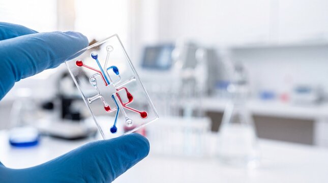 Researcher Holding Microfluidic Lab-on-a-Chip Device in Laboratory