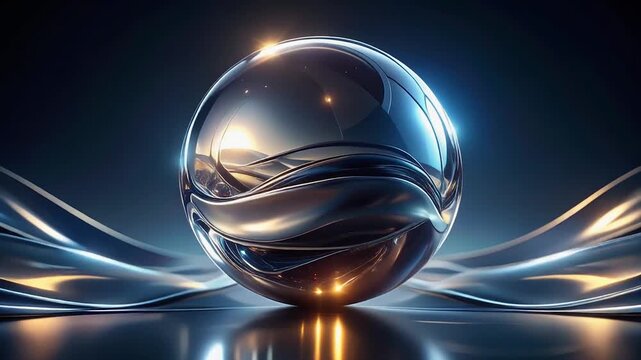Chrome sphere loop reflective waves orbiting continuously metallic textures glowing dynamic