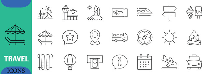 Travel and tourism vector icons. airplane icon set, tent icon set, bus icon set © Hayra