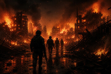 Obraz premium Soldiers Walking Through Burning Ruined City in Apocalyptic War Scene