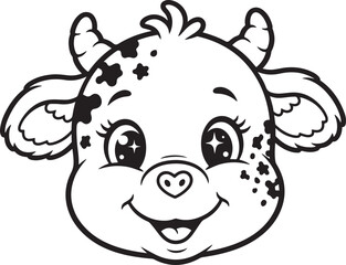 Obraz premium Cute spotted baby cow face with horns cartoon line art
