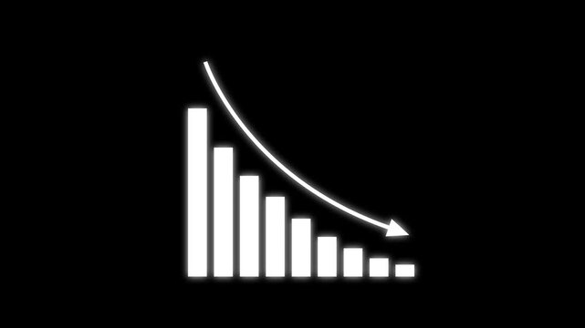 Minimalist white financial bar chart with declining trend arrow animation on a solid black background, for corporate business, presentations, economic analysis, and market performance reports