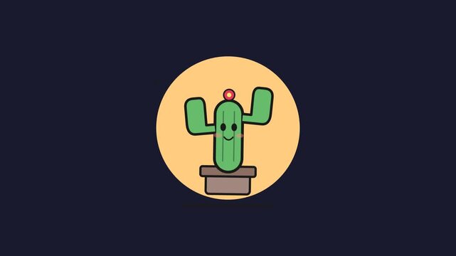 Cute Cartoon Cactus in Pot Animation Loop on Blue Background