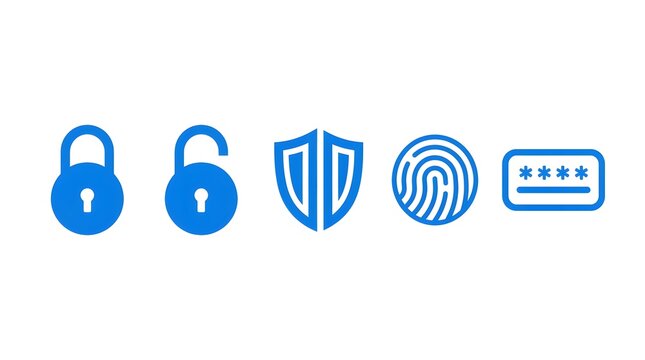 Modern security icon collection featuring locked padlock, unlocked padlock, security shield, fingerprint authentication, and password field. Perfect for cybersecurity, user authentication, login syste