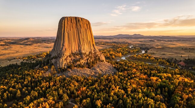 Devils Tower National Monument Autumn Golden Hour Oblique Aerial Drone View