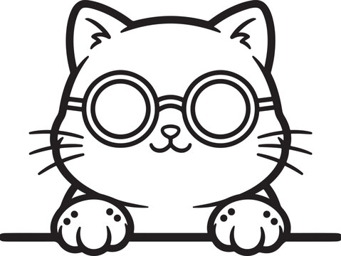 Cute nerd cat with glasses peeking over line cartoon illustration