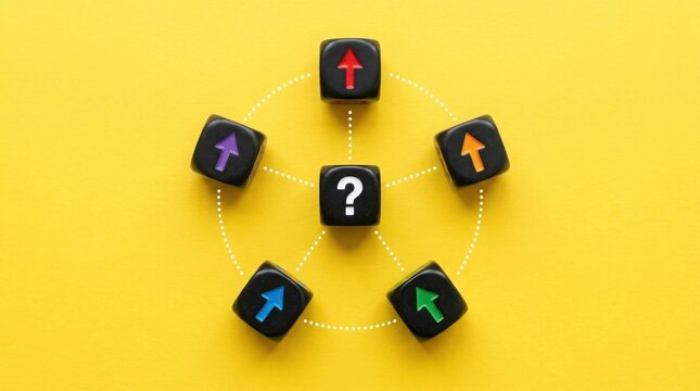 Decision making concept with question mark and directional arrows on yellow background