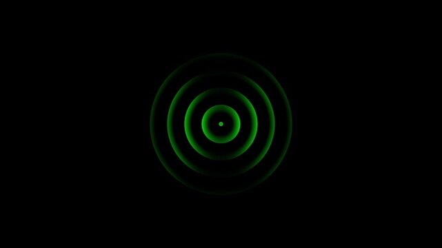 Pulsing green concentric circles animation representing digital signal waves, radar scanning technology, network connectivity, sonar ping, and abstract motion for modern tech backgrounds