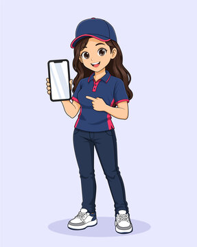 Delivery courier woman showing blank smartphone screen