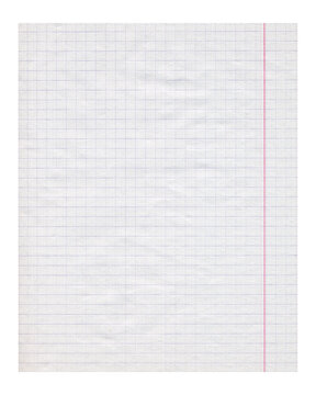Natural squared crumpled paper page isolated. Old antique lined notebook sheet paper texture. Vintage paper background.	