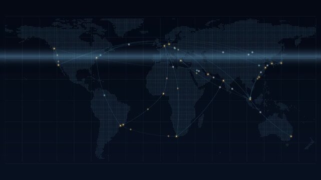 Global digital world map with glowing network connections, futuristic blue data visualization background, international logistics and communication concept