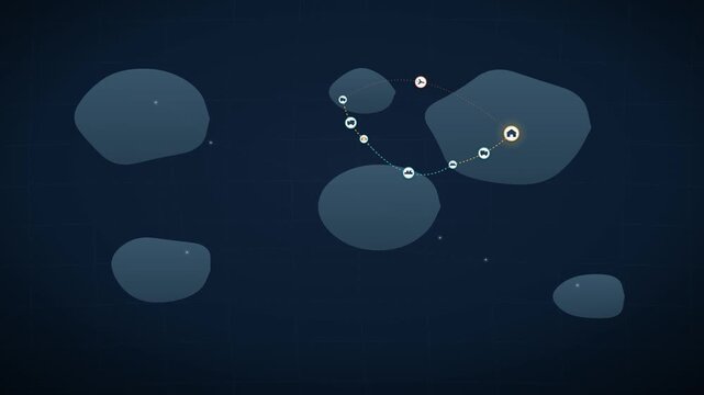 Abstract world map animation with glowing data points, global logistics network concept, digital connectivity and international trade visualization