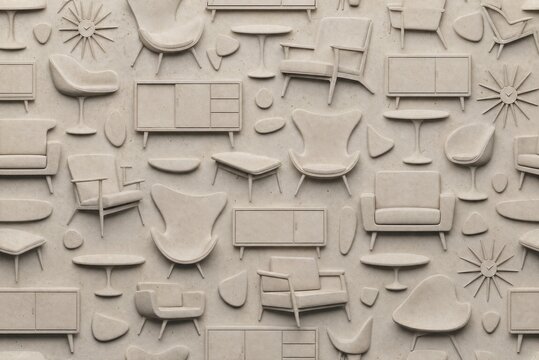 Furniture silhouettes in bas relief textured neutral background