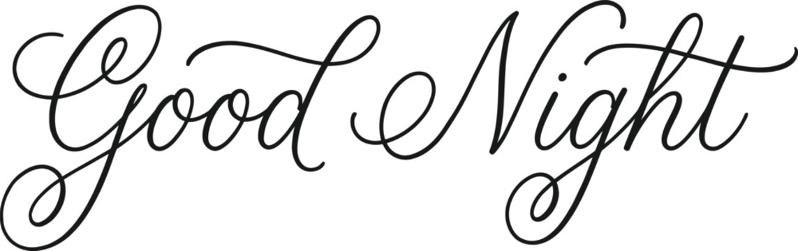 Elegant good night typography design featuring beautiful flowing cursive script lettering isolated on a clean white background for greeting cards and social media