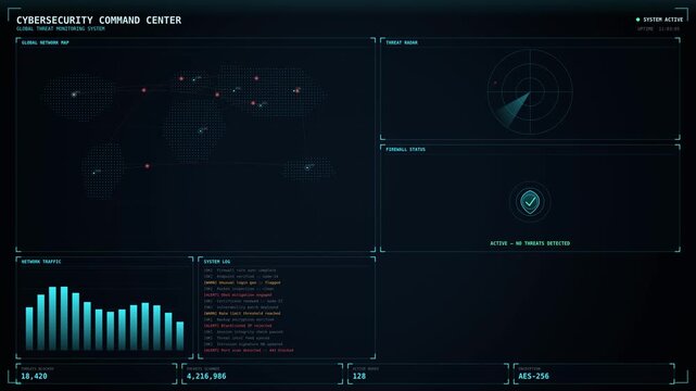 Cybersecurity command center digital interface, futuristic HUD dashboard with global network map, data visualization and network security monitoring screen