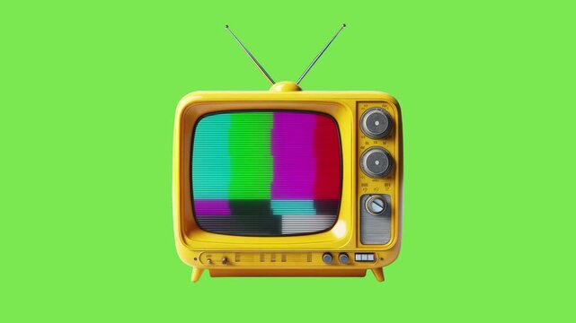Yellow retro vintage television set with color test pattern screen isolated on green screen background 3d rendering illustration