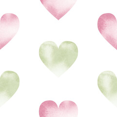 Fototapeta premium Seamless pattern of pink and green watercolor hearts, watercolor illustration. Romantic and eco-inspired repeating design for Valentines Day, Earth Day, packaging, textiles, scrapbook projects.