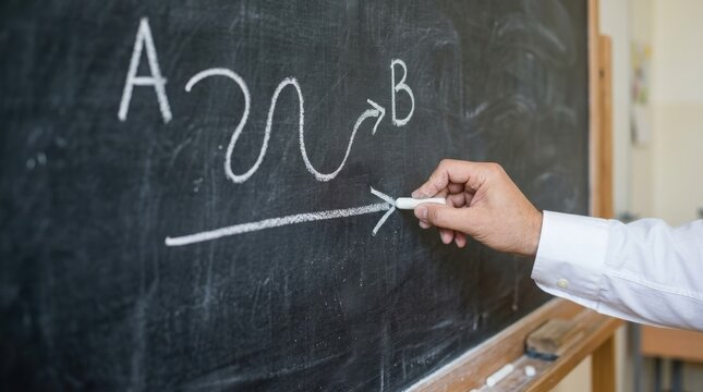 Hand drawing direct arrow from point a to b on blackboard, shortcut and efficiency concept