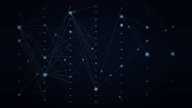 Abstract neural network animation, glowing digital data nodes and connecting lines, futuristic artificial intelligence technology background
