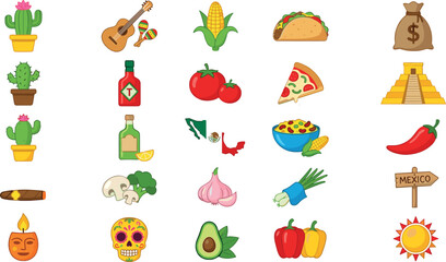 Fototapeta premium Mexican Culture Icon Set with Cactus Guitar Taco Tequila Sugar Skull Chili and Pyramid Flat Vector Illustration Collection